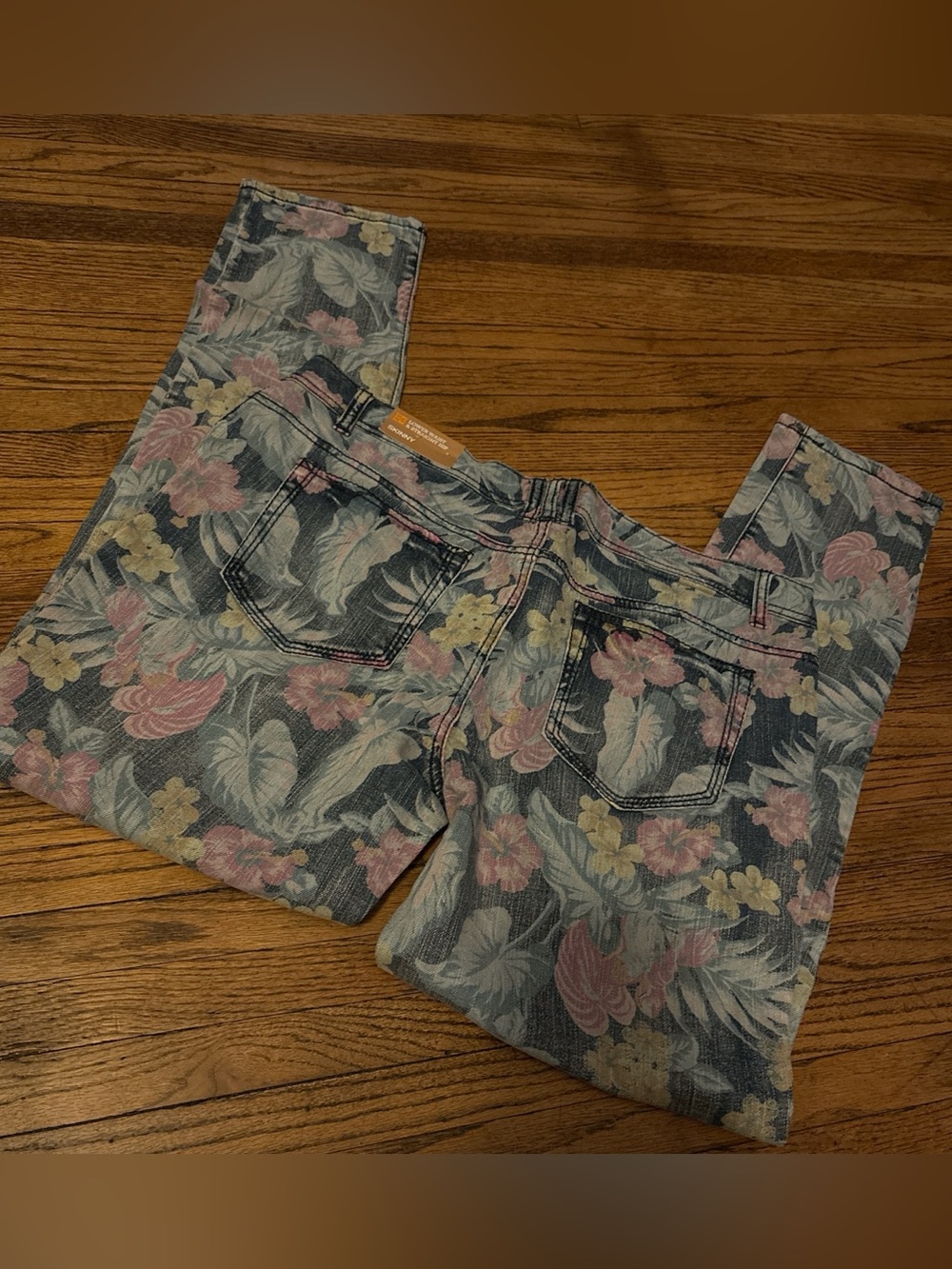 Floral Print Denim Jeans - Pastel Pink, Yellow & Blue